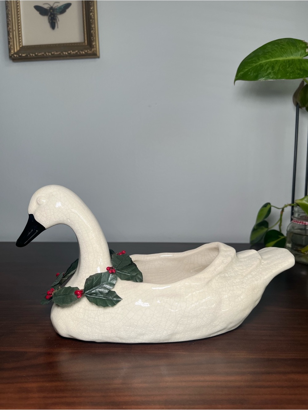 Vintage Swan Planter | Cottagecore Ceramic Decor Christmas removable crown MCM